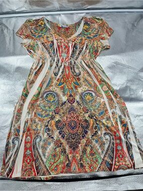 R.Rouge Paisley Print Embellished V-Neck Boho Short Sleeves Summer Dress Size XL